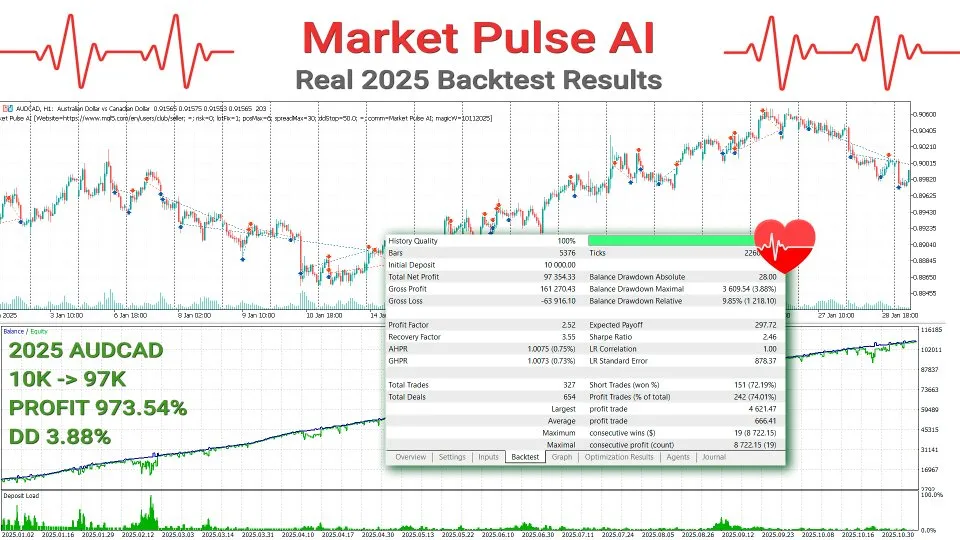 Backtest AUDCAD de Market Pulse AI avec profit factor 2,52 et drawdown relatif de 3,88 %