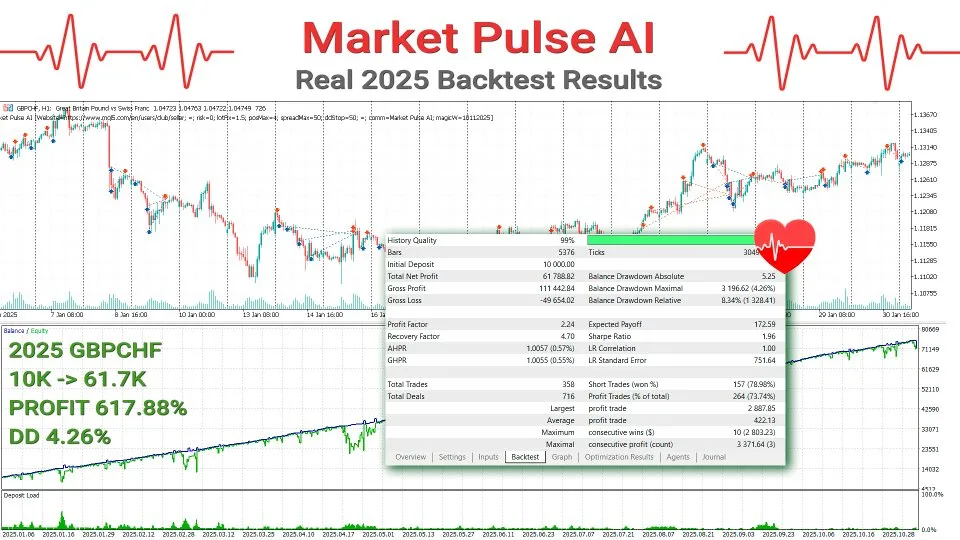 Backtest GBPCHF de Market Pulse AI avec progression régulière et drawdown limité