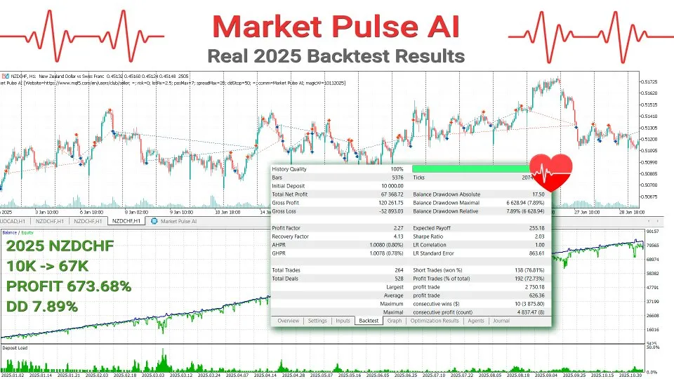 Backtest NZDCHF de Market Pulse AI avec profit factor 2,27 et drawdown proche de 8 %