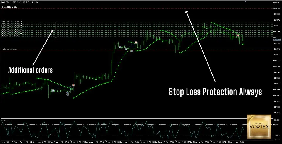 Capture de fonctionnement Vortex Gold EA avec ordres supplémentaires et stop loss permanent